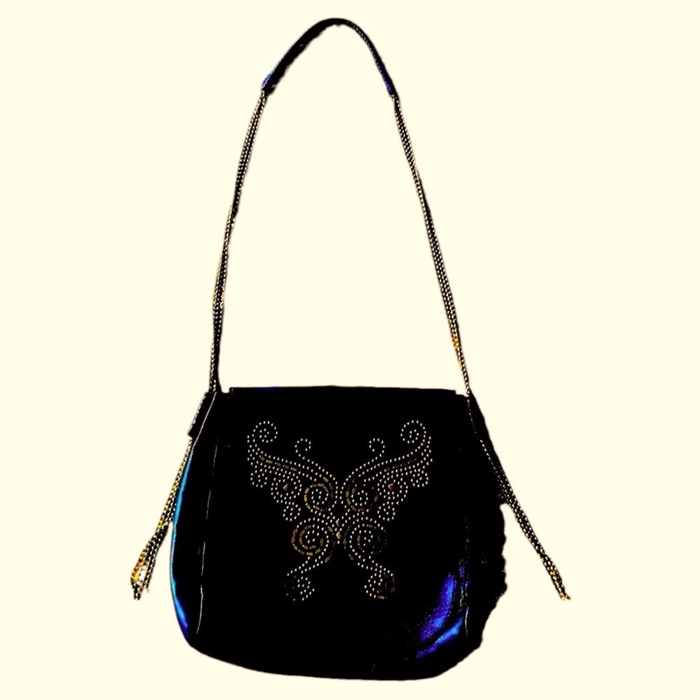 Calleen Cordero Black Studded Messenger Bag with Fold over flap with Butterfly